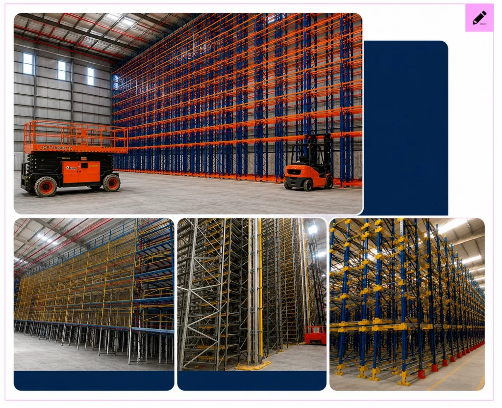 Collage of industrial storage and racking systems