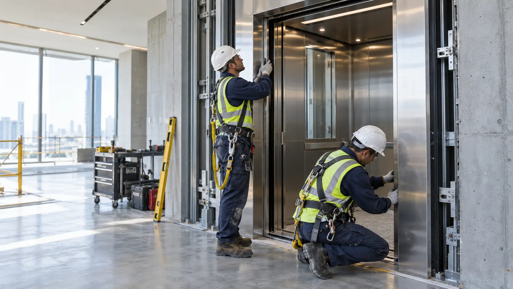 Technicians carrying out a passenger lift installation in a modern building