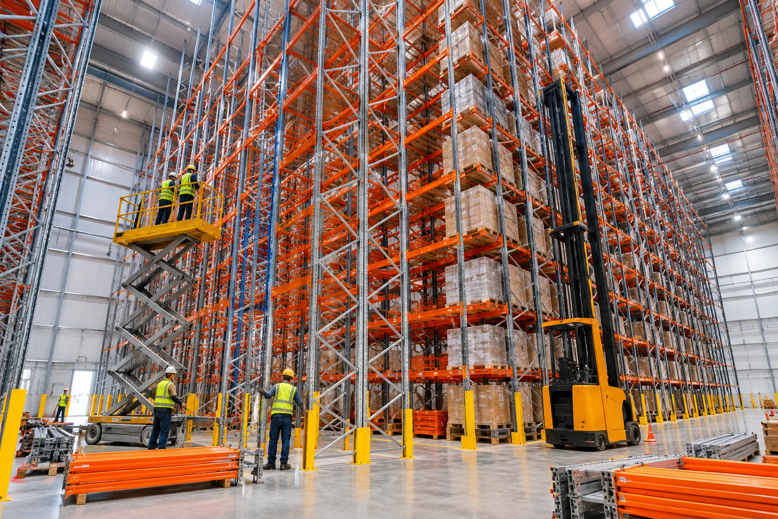 High-rise racking installation in an industrial warehouse with steel storage racks, professional installation workers and lifting equipment.
